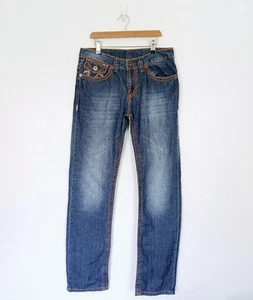 Pantalones de mezclilla True Religion Joey cintura 31 azul pierna recta bolsillos Y2K desgastados - Imagen 1 de 16