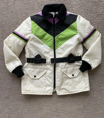 复古复古北极汽车雪地摩托车夹克中号白色紫色绿色条纹美国 — 第 1/4 张图片