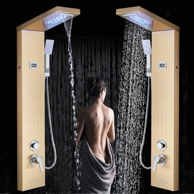 Sistema de torre de panel de ducha de lluvia LED dorado cepillado con chorros de masaje corporal Foto 1 de 4