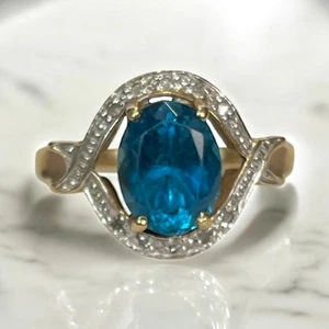 Vintage 14k Plumb Gold Diamond Illusion Blue Topaz Gemstone Ring Size 7 - Picture 1 of 11