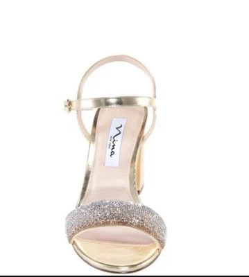 Zapatos para mujer Nina platino cristal metálico correa al tobillo tacón medio bloque 7,5 M nuevos Foto 1 de 4