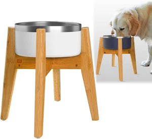 Dog Bowl Stand 14 Inch High Adjustable Bamboo Elevated Pet Dishes Large Breeds - Picture 1 of 11