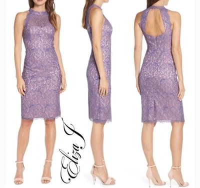 Eliza J Size 10P Petite Lace Halter Neck Sheath Knee Length Dress Lavender Pink - Image 1 of 4