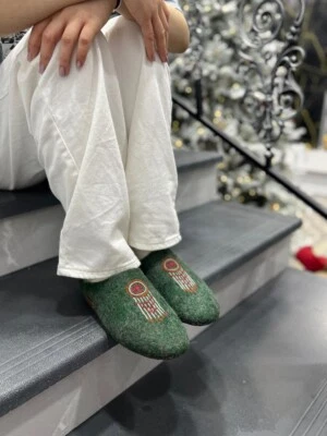 Felted Ethnic Sheep Wool Slippers, Turkmen Jewelry Decor Handmade Green Socks - Image 1 of 4