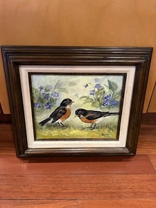 Vintage Yvonne Martin Ölgemälde Vögel gerahmt lackiert 13X15"" signiert - Bild 1 von 14