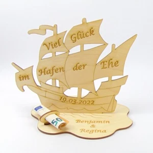 Geldgeschenk Hochzeit Schiff Segelschiff 10cm oder 21cm Personalisiert Holz - Picture 1 of 7