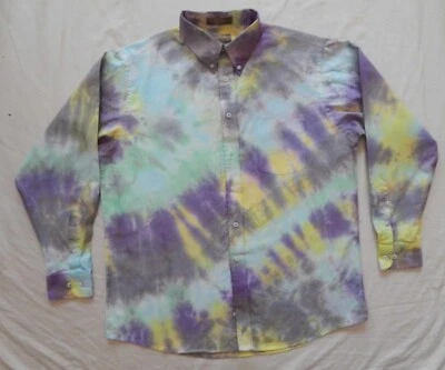 Tie Dye Blue Purple Yellow Long Sleeve Button Up Shirt - Large Mens Hand Made - Image 1 of 3