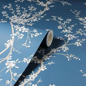 Papel tapiz de moda Oriental Glitter Blossom Flower Trail azul blanco verde azulado 692805 - Imagen 1 de 3