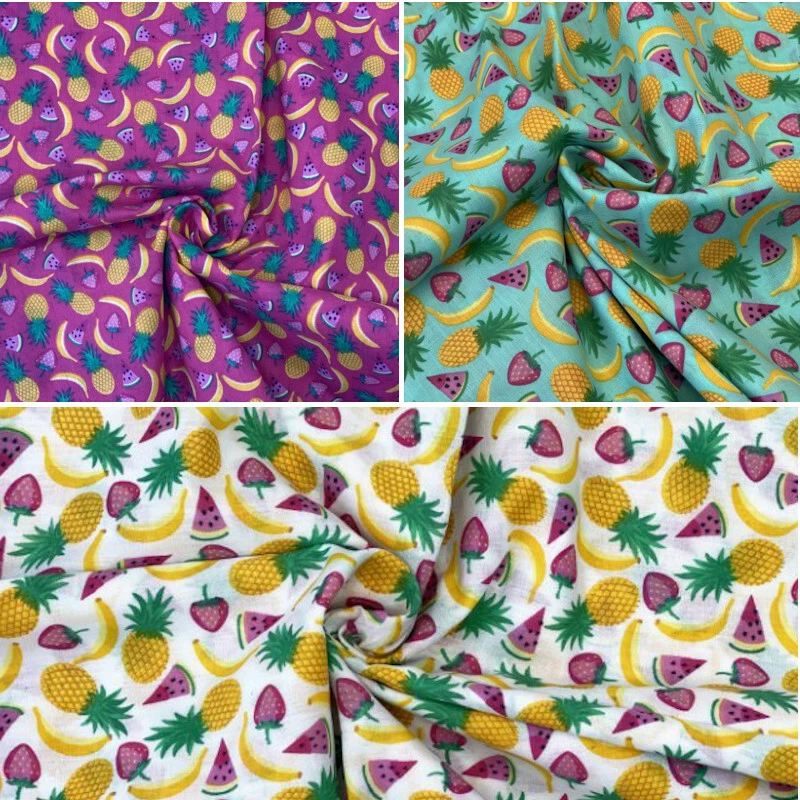 Tecido de polialgodão misto de frutas bananas melancia abacaxi morangos  - Imagem 1 de 1