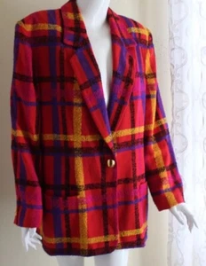 Chaus Sz 14 Woven Wool Plaid Artsy Statement Pink Vintage Blazer Jacket 90s XL - Picture 1 of 9