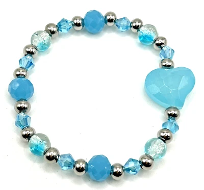 Pulsera elástica con cuentas de corazón hinchado facetado de vidrio azul de 7,5" 20x16 mm con acero inoxidable Foto 1 de 4