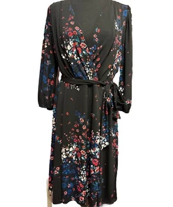 DKNY Dress 14 Faux Wrap Dress Midi Floral Surplice Top Office Wedding Guest - Picture 1 of 10