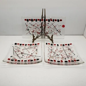  Red, Black, and Silver MCM Trays Fused Glass Plates Lot of 3 - Picture 1 of 8