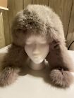 Leather Womens Ushanka Hat with Gray Fox Fir Trim Smokey Taupe Black Quilt Lined