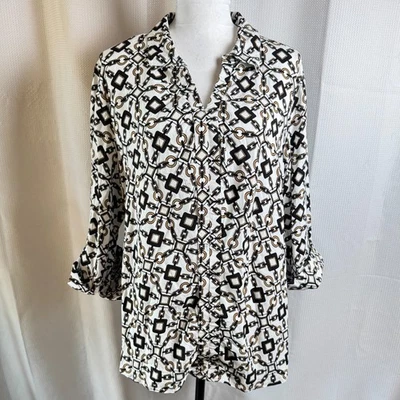 Блузка Cato черная белая золотая цепочка с принтом в виде звеньев рукав 3/4 100% Raton размер 18/20 б/у в отличном состоянии - Изображение 1 из 4