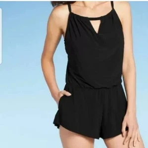 NWT Aqua Green Black High Neck Swim Romper Swimsuit With Pockets Size Medium - Picture 1 of 5
