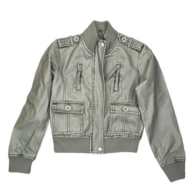 Beverly Hills Polo Club Gray Faux Leather Bomber Jacket Size 10/12 - Image 1 of 2