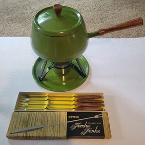 Vintage Mid Century Modern Green Fondue Pot Set Chafing Burner Teak Handle - Picture 1 of 7