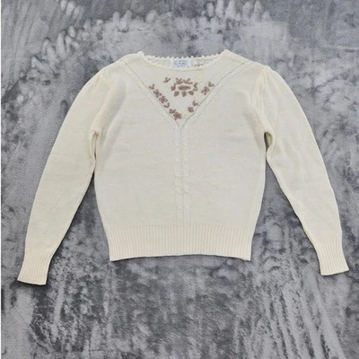 Suéter Vintage Años 70 Para Mujer S Crema Tostado Bordado Cuentas Cuello Redondo Pullover Foto 1 de 4