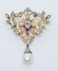 Antique European Belle Epogue Diamond Ruby Emerald Sapphire 14k Brooch Pendant