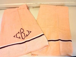2 Vtg Mid Century peach Terry cloth Cotton Cannon bath towels w/monogram NICE - Picture 1 of 3
