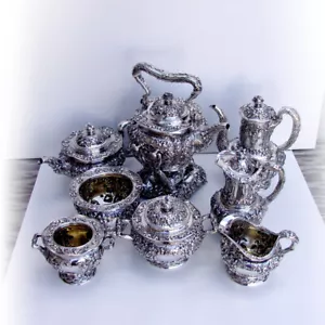 Tiffany Co Violet Repousse 8 Piece Tea Coffee Set Sterling Silver 1895 - Picture 1 of 12