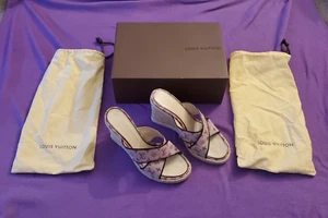 LOUIS VUITTON Pink Monogram Logo Wedge Sandal Shoes Women's Size 7 in Box - Picture 1 of 13