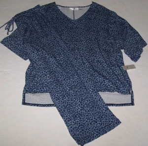 NWT N Natori NAVY/BLUE LEOPARD Jersey Knit HI-LOW Pajama/Lounge Set S POCKETS - Picture 1 of 6
