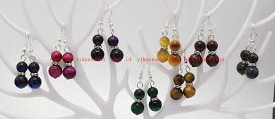Pretty 8+10 Genuine Natural Multicolor Tiger's Eye Round Gemstone Beads Earrings - Image 1 of 4
