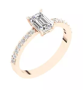 VVS F 1.35Ct Accent Solitaire Ring Lab Grown Emerald Round Diamond 14K Rose Gold - Picture 1 of 10