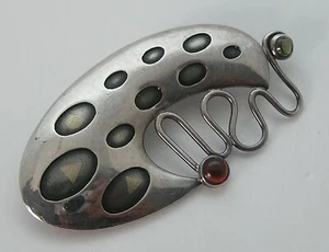 Sterling Modernist Abstract Pin Garnet & Peridot Signed w/Gold Triangle & Circle - Picture 1 of 8