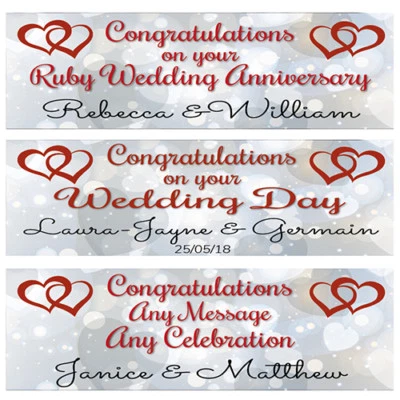 5 STAR BANNERS 2 PERSONALISED JOINED HEARTS WEDDING BANNERS, RUBY WEDDING ANNIVERSARY BANNERS