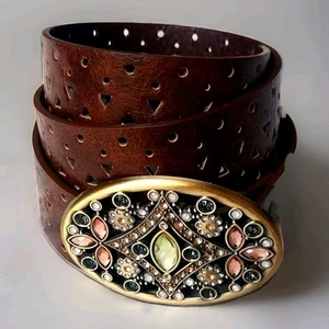 Ladies Laser Cut Brown Belt w/ Bejeweled Buckle Line Dance Cow Girl Size 17 binC - Picture 1 of 6