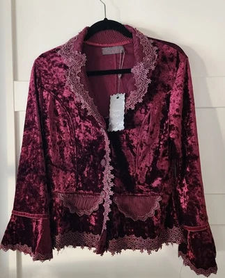 Pretty Angel Silk Cotton Crushed Velvet Jacket/Blouse, Lace, Beading Burgundy  - Image 1 of 4