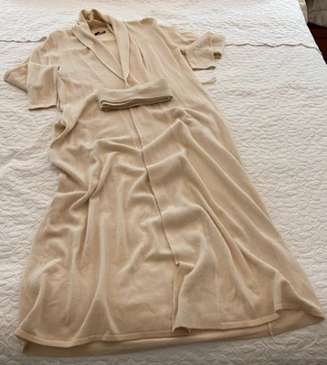 Long 100% Pure Cashmere Robe Ivory LS Tie Belt Pockets NWOT SMALL - Image 1 of 4