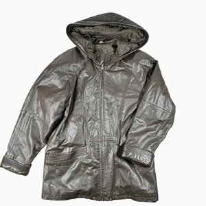 Vintage Brown Leather Coat JF Ferrar Jacket Hooded Zip Up Mens M - Picture 1 of 8