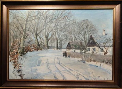 Aage Bernhard-Frederiksen (1883-1963): INVIERNO EN PUEBLO, pintura al óleo vintage Foto 1 de 4
