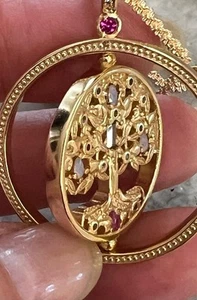 Genuine Multi Gemstone Tree of Life spinner Necklace 14K Yell Gold on Solid 925 - Picture 1 of 17