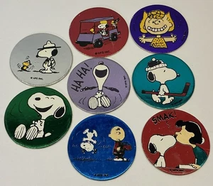Lot Of (8) 1990’s UFS Peanuts Pogs Snoopy, Lucy, Charlie Brown, Woodstock, Sally - Picture 1 of 2