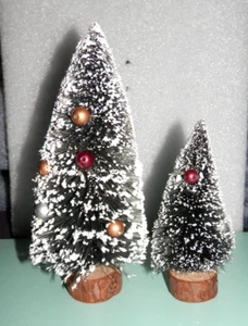 Pair Christmas Bottle Brush Trees w/Ornaments Vintage Style 6" 4" Wood Base Xmas - Picture 1 of 7