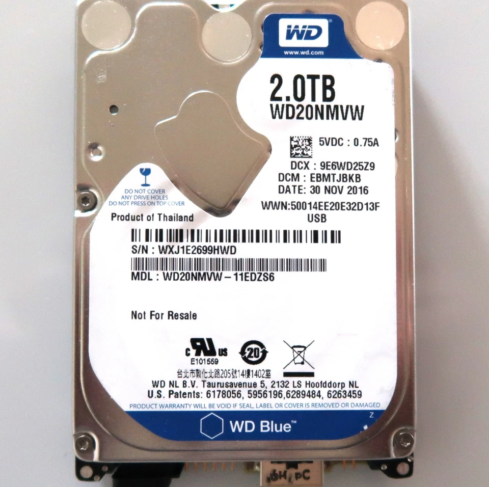 WD WD20NMVW-11EDZS6 (WXJ1) EBMTJBKB Thailand 2TB USB HDD 30NOV2016 - Image 1 of 1