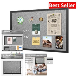 Stylish 24" x 36" Corkboard - Gray Fabric Pin Board with 10 Colorful Push Pins - Picture 1 of 11