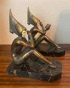Pair of 2 Art Deco Vintage GERDAGO JB Hirsch Bronze & Marble Pixie Bookends - Picture 1 of 8