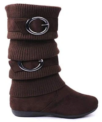 Lucky Top Girls Slouchy Double Buckle Mid Calf Wedge Warm Sweater Winter Boots — 第 1/4 张图片