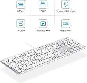 Tecurs WK011 Slim Backlit Keyboard for Mac - USB Wired, UK Layout, Full Size - Picture 1 of 9