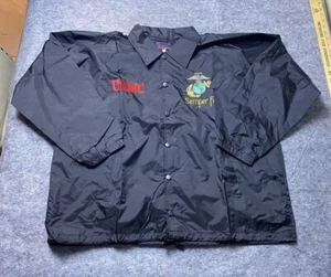 Vintage US Marines Jacket Mens Large Black USMC Semper Fi Windbreaker Snap - Picture 1 of 7