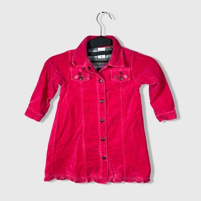 Vestido OshKosh B'gosh infantil rosa veludo botão frontal criança menina 2T bainha de babado - Imagem 1 de 4