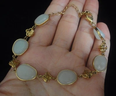 Fine Old Chinese Hand Carving White Jade Beads Gilt Chain Women Bracelet - Image 1 of 4