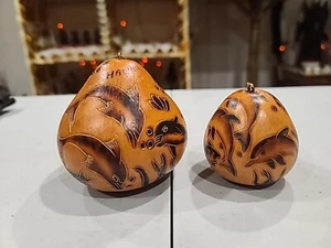 Carved Gourd Ornament Handmade Etched Hawaiian Folk Art Dolphin Lot Of 2 - Picture 1 of 9