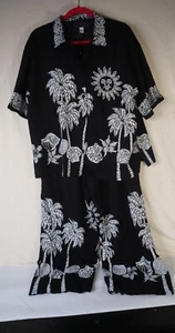 Women's Blk & Wht Palm/Sun Print Button Up Short Sleev. Sz. XL Blouse & Pant Set - Picture 1 of 13